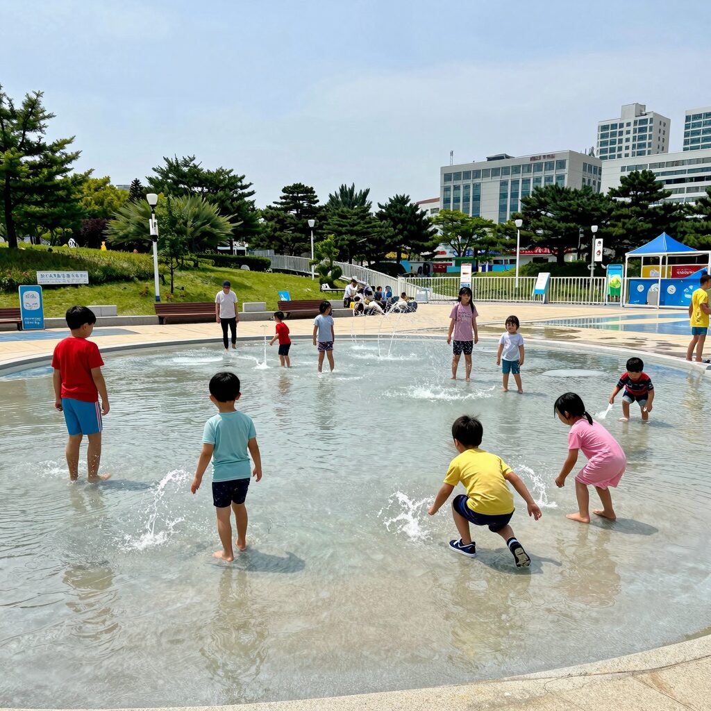 부산 시민공원 물놀이장 바닥분수에서 물놀이를 즐기는 아이들