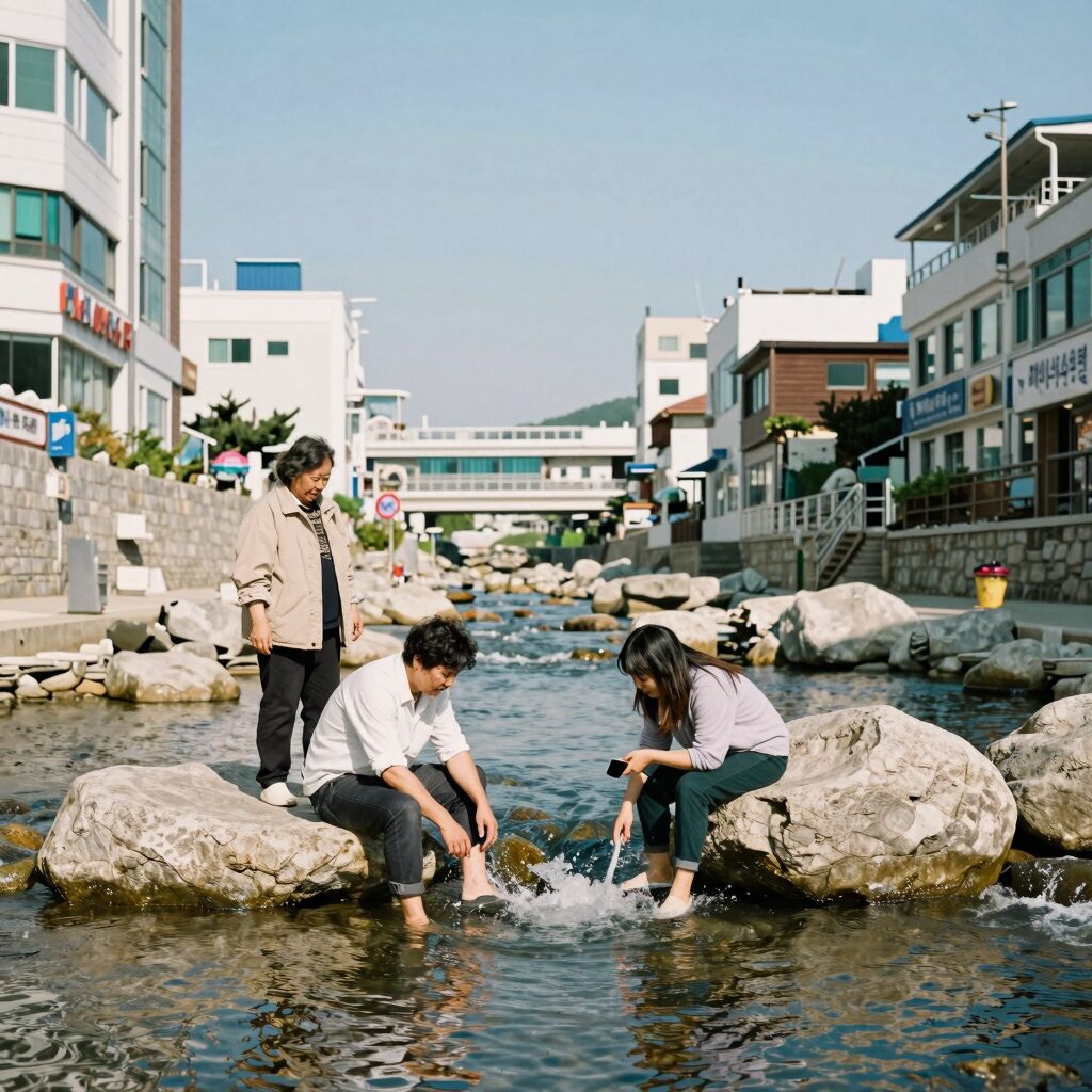 부산 계곡 식당 메아리산장 계곡에서 발 담그는 모습