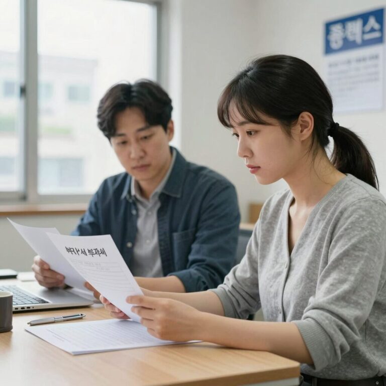 개인사업자가 부가세 신고 서류를 확인하며 홈택스와 이지샵을 비교하는 모습