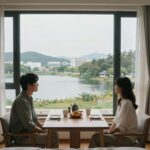 캠프통아일랜드 럭스캠프D 객실에서 바라본 청평호 뷰와 앞마인 드 테이블