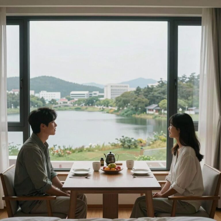캠프통아일랜드 럭스캠프D 객실에서 바라본 청평호 뷰와 앞마인 드 테이블