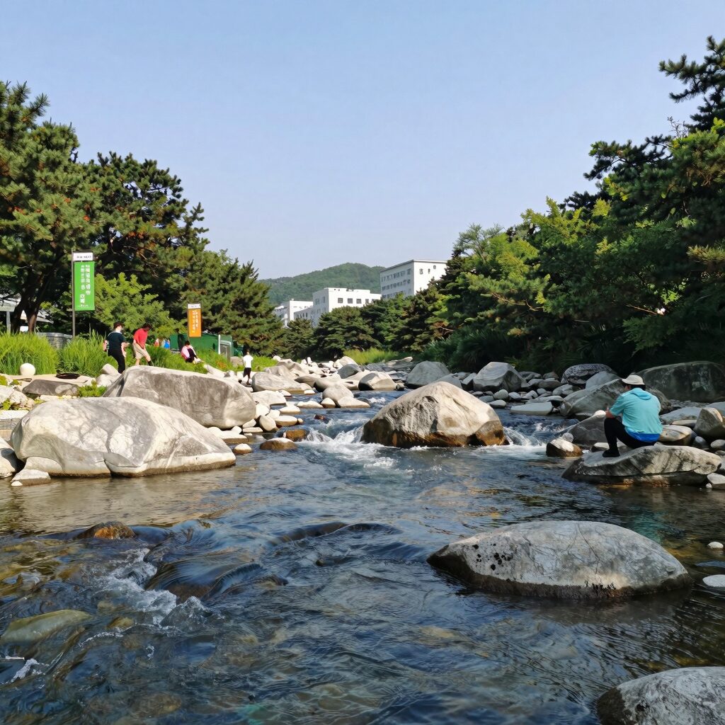 포항 옥계계곡 청솔펜션 사유지 계곡 전경 물이 맑고 넓게 펼쳐진 모습