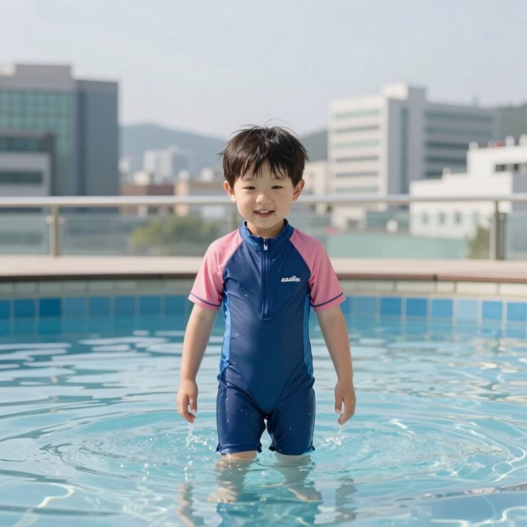 5세 남아가 알파베베 래쉬가드 110사이즈를 입고 편안하게 물놀이하는 모습