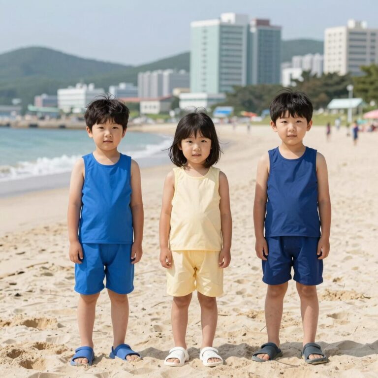 직접 만든 아동 비치가운을 입고 있는 아이의 모습