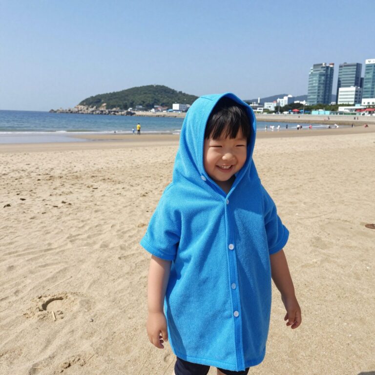 아이가 후드가 달린 비치타올을 입고 해변에서 웃고 있는 모습