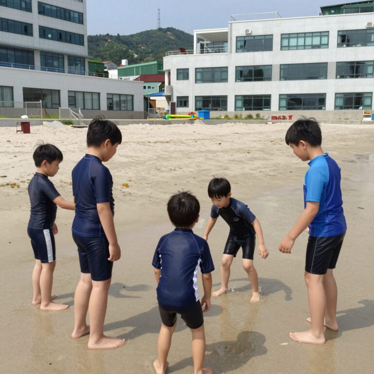 반팔 래쉬가드를 입고 물놀이를 즐기는 아이들
