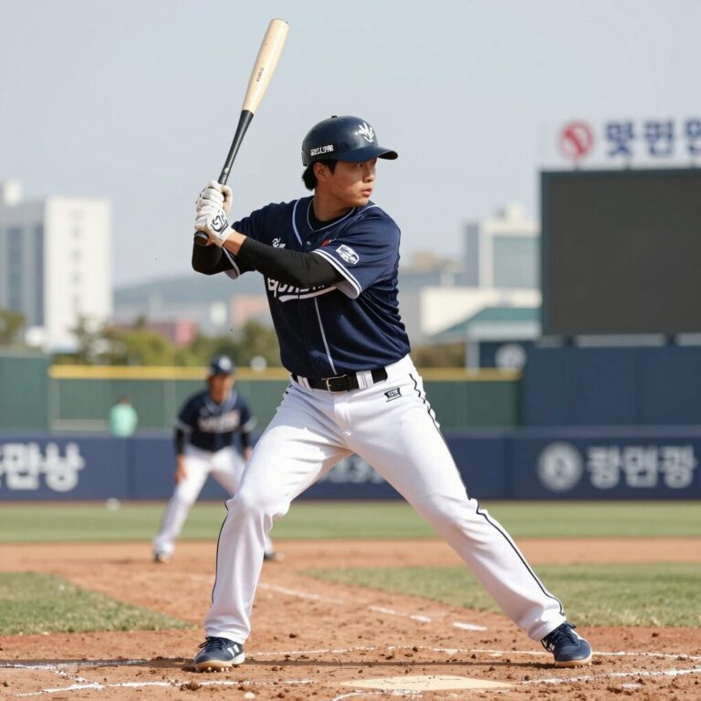 롯데 자이언츠 외야수 조민영이 타격 준비를 하고 있다. 퓨처스리그 MVP 출신의 강한 인상이 느껴진다.