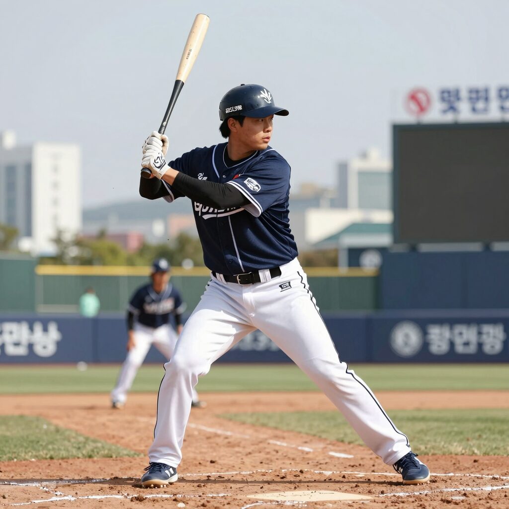 롯데 자이언츠 외야수 조민영이 타격 준비를 하고 있다. 퓨처스리그 MVP 출신의 강한 인상이 느껴진다.