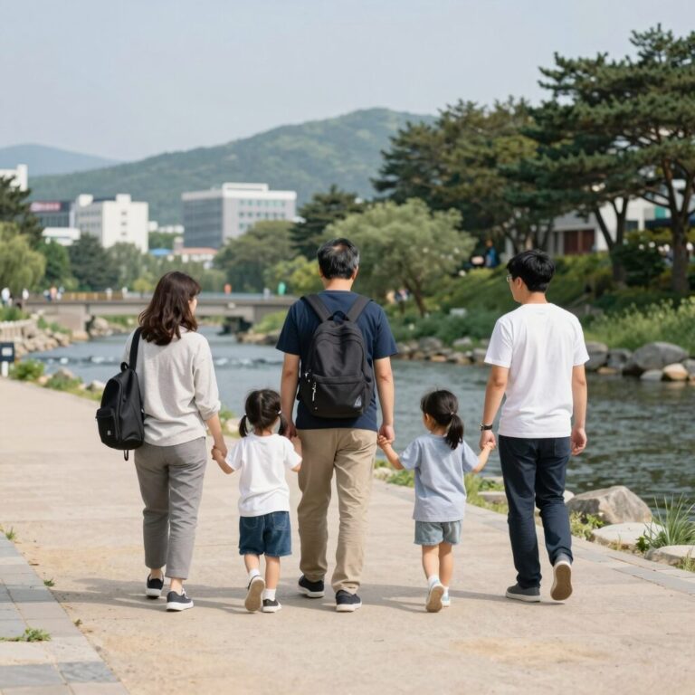 춘천 집다리골 계곡 평상에서 가족이 즐기는 모습