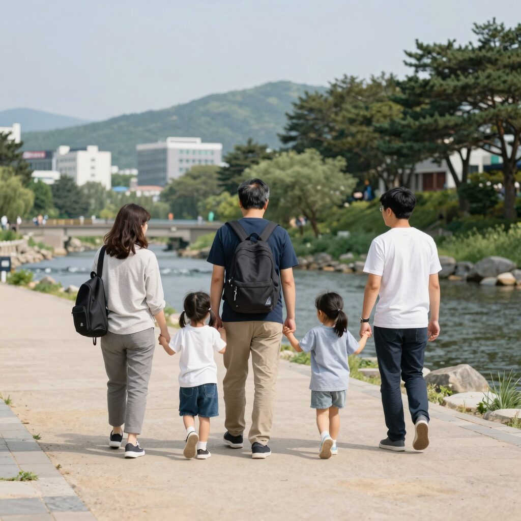 춘천 집다리골 계곡 평상에서 가족이 즐기는 모습