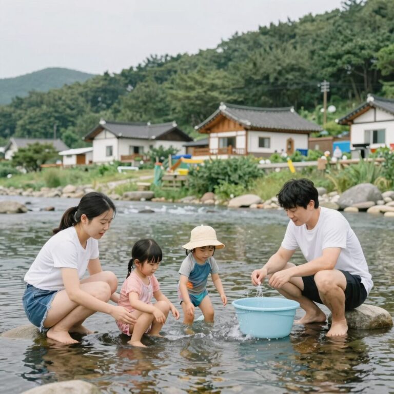 충북 계곡 펜션에서 프라이빗하게 물놀이하는 가족 모습