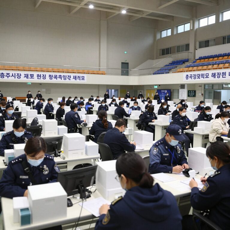 충주시장 재검표 현장 한국교통대학교 체육관 내부 모습, 많은 인파와 경찰 병력이 배치된 개표장