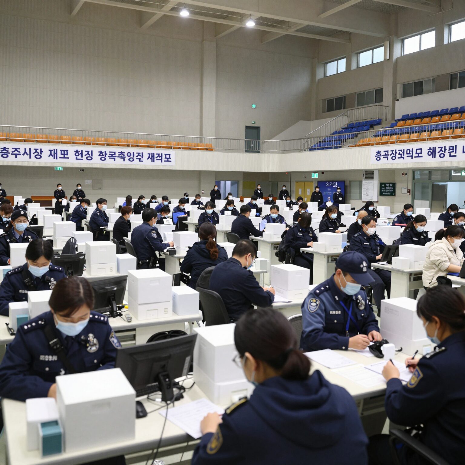 충주시장 재검표 현장 한국교통대학교 체육관 내부 모습, 많은 인파와 경찰 병력이 배치된 개표장
