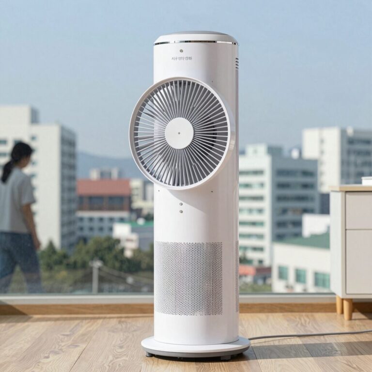 써큐레이터와 선풍기 외형 비교 및 실내 공기 순환 방향을 나타낸 이미지