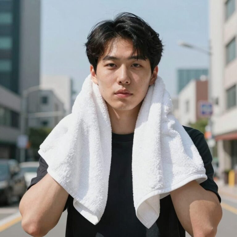쿨 수건을 목에 두르고 시원함을 느끼는 모습