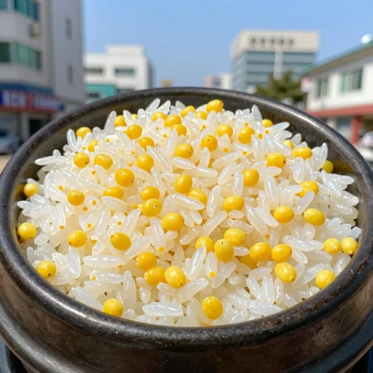 압력솥으로 지은 옥수수밥. 찰옥수수 알갱이가 밥알 사이에 고루 박혀 있고 윤기가 흐른다.