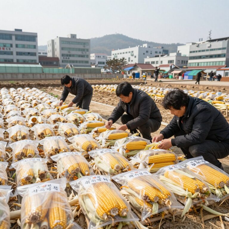 삶은 옥수수를 지퍼백에 소분하여 냉동 보관하는 모습