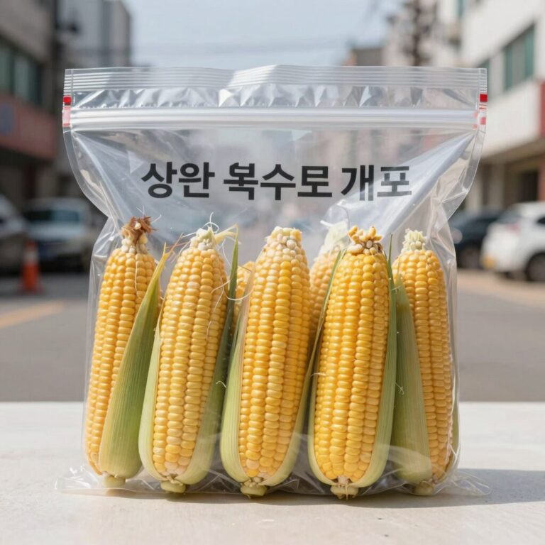 삶은 옥수수를 랩으로 개별 포장한 후 지퍼백에 담아 냉동 보관하는 모습