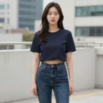 크롭 블라우스 스타일링 완벽 정리 크롭 블라우스를 입은 여성이 하이웨이스트 청바지와 함께 포즈를 취하고 있는 스타일링 컷