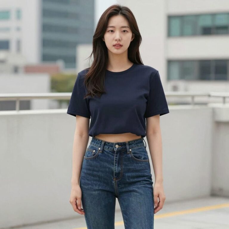 크롭 블라우스를 입은 여성이 하이웨이스트 청바지와 함께 포즈를 취하고 있는 스타일링 컷