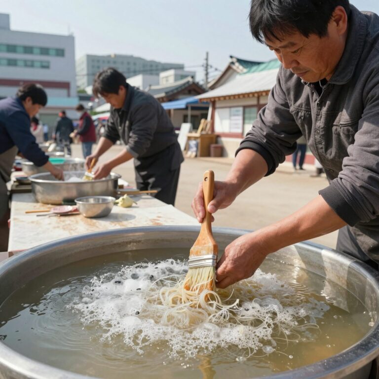 오이 채 썰기와 밑간 후 살얼음 냉면육수를 붓는 과정