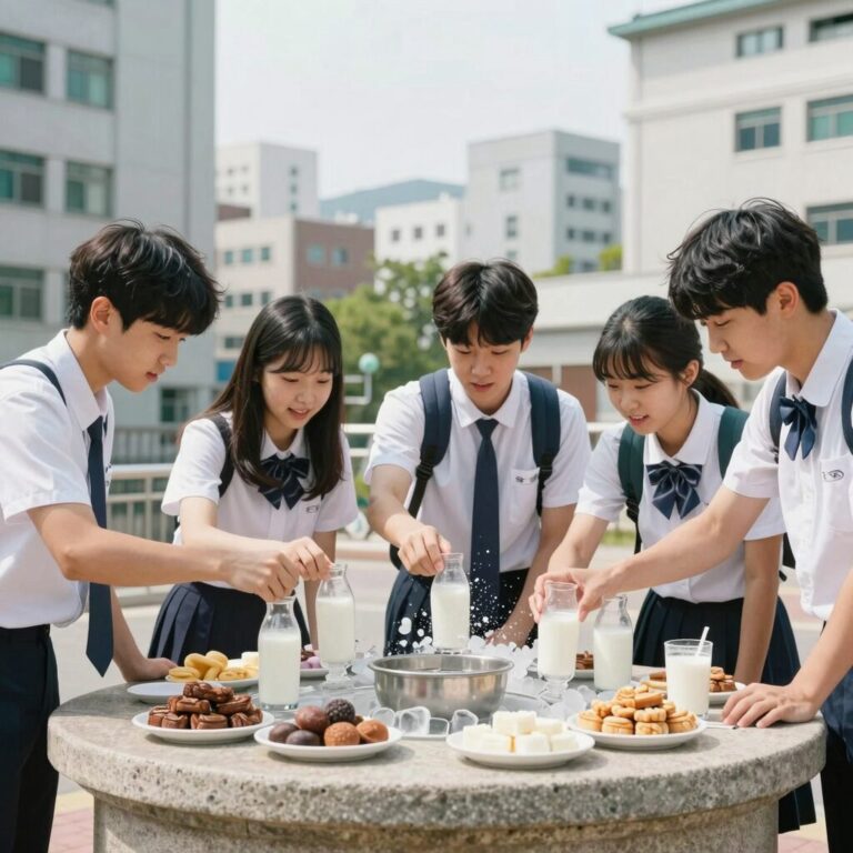 학생들이 대야에 각종 과자와 우유 얼음을 넣고 국자로 섞으며 즐거워하는 모습