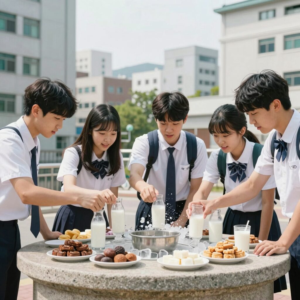 학생들이 대야에 각종 과자와 우유 얼음을 넣고 국자로 섞으며 즐거워하는 모습