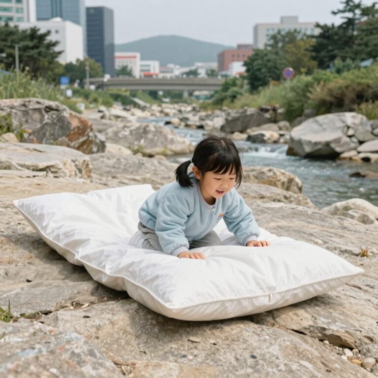 다이소 잠자리채를 사용하는 모습. 아이가 계곡에서 잠자리채를 들고 신나게 노는 장면