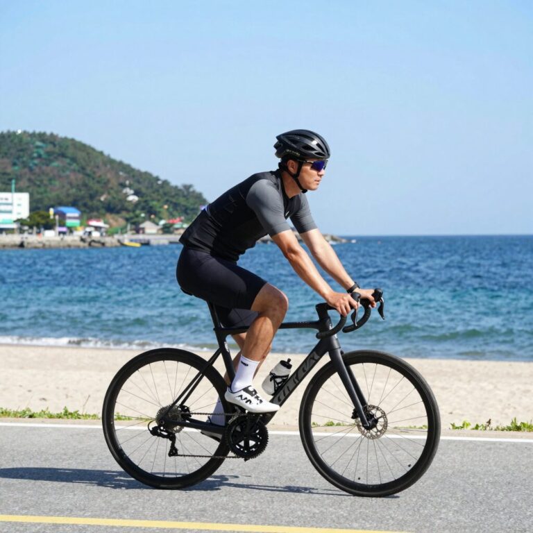 대천해수욕장 스카이바이크를 맑은 날씨에 탑승한 모습, 바다 위 레일을 따라 달리는 자전거와 푸른 바다 전경