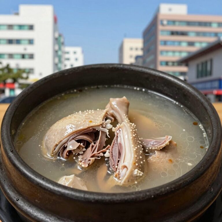 들깨삼계탕 뚝배기에 담긴 걸쭉한 국물과 닭고기 모습