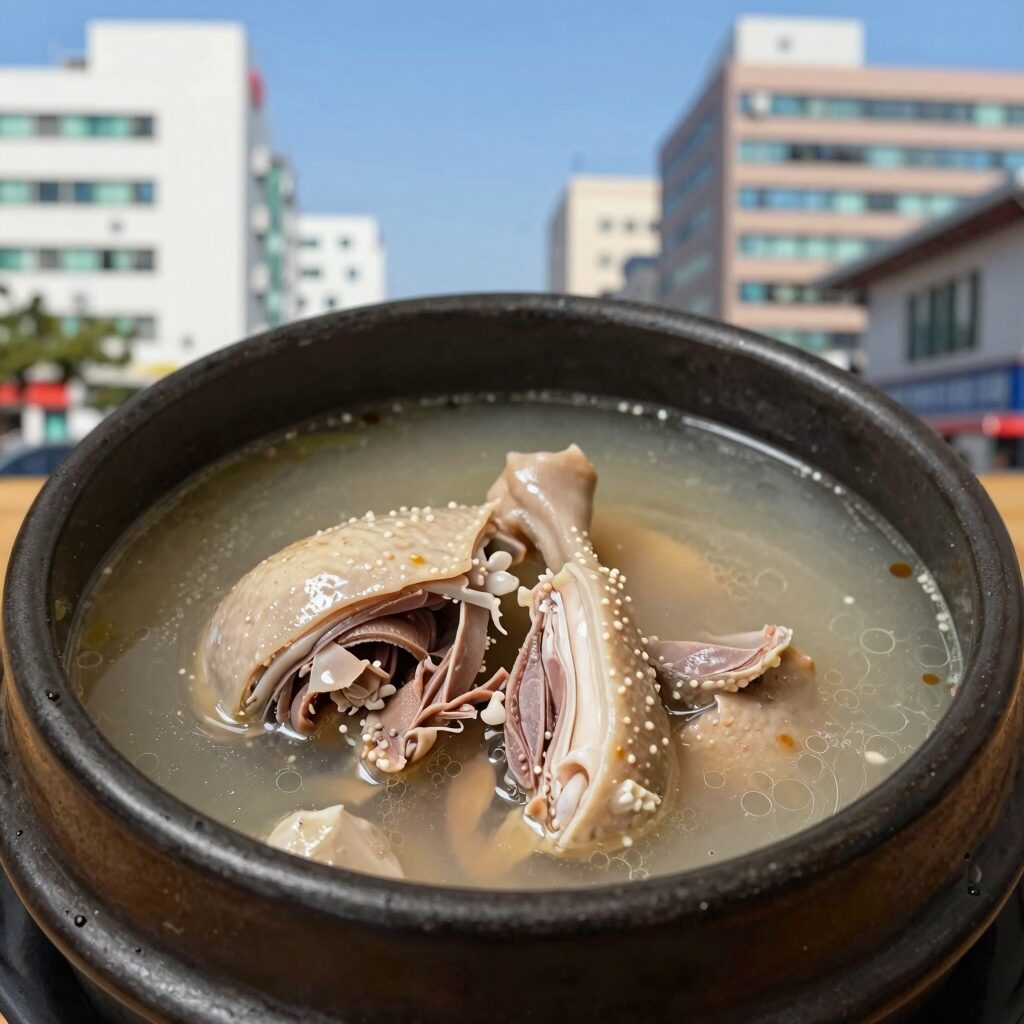 들깨삼계탕 뚝배기에 담긴 걸쭉한 국물과 닭고기 모습