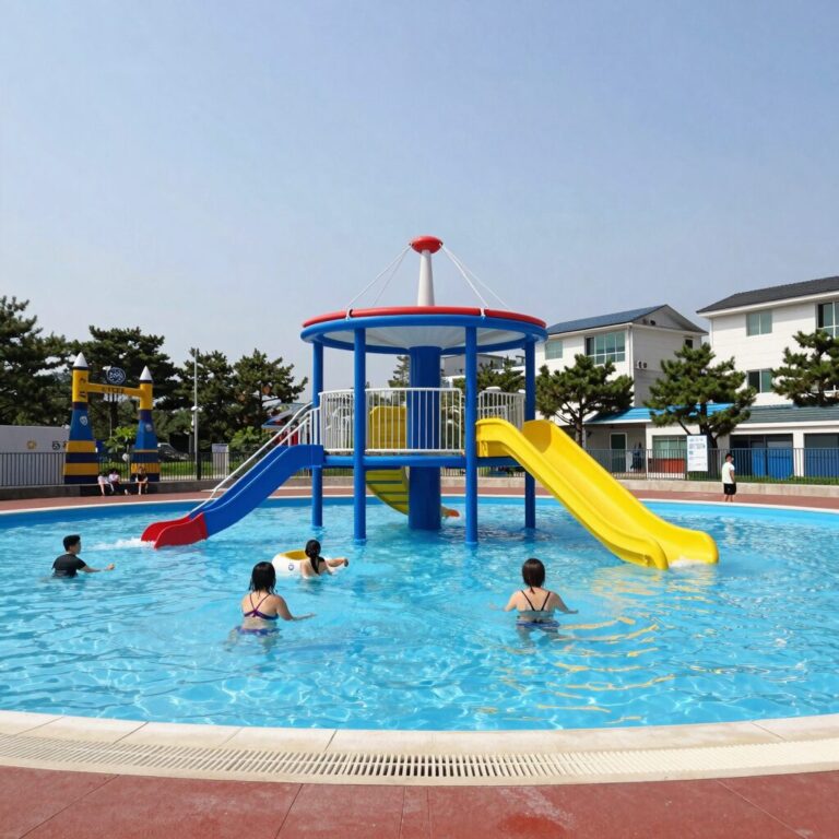 함안 드윌연수원 나태지옥 메인 풀장과 회전 물놀이 기구가 보이는 전경