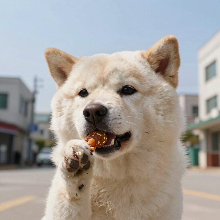 강아지가 천도복숭아 과육을 입에 넣으려는 모습