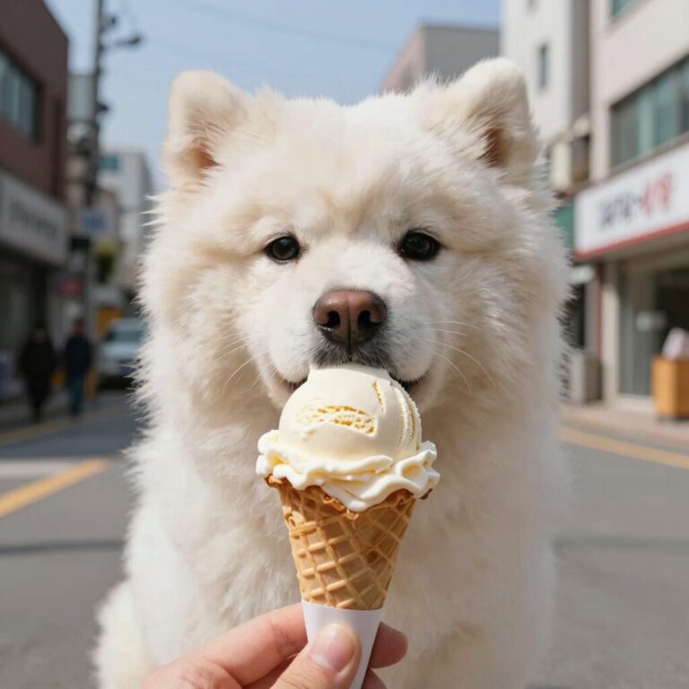 강아지가 수제 아이스크림을 맛있게 먹는 모습
