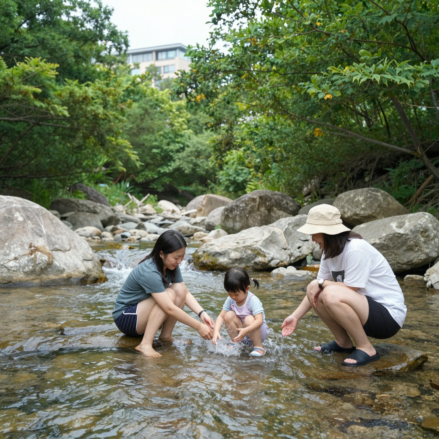 돈내코 유원지 계곡에서 물놀이하는 가족의 모습, 맑은 계곡물과 숲이 어우러진 풍경