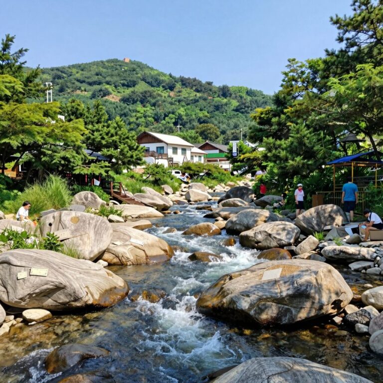 괴산 동궁쉼터 평상과 계곡 전경으로 시원한 여름 휴양지 분위기를 담은 사진