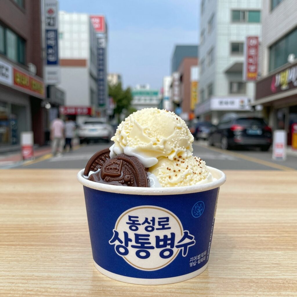 동성로 빙수 맛집 삼송빙수의 팥빙수가 테이블 위에 놓여 있는 모습