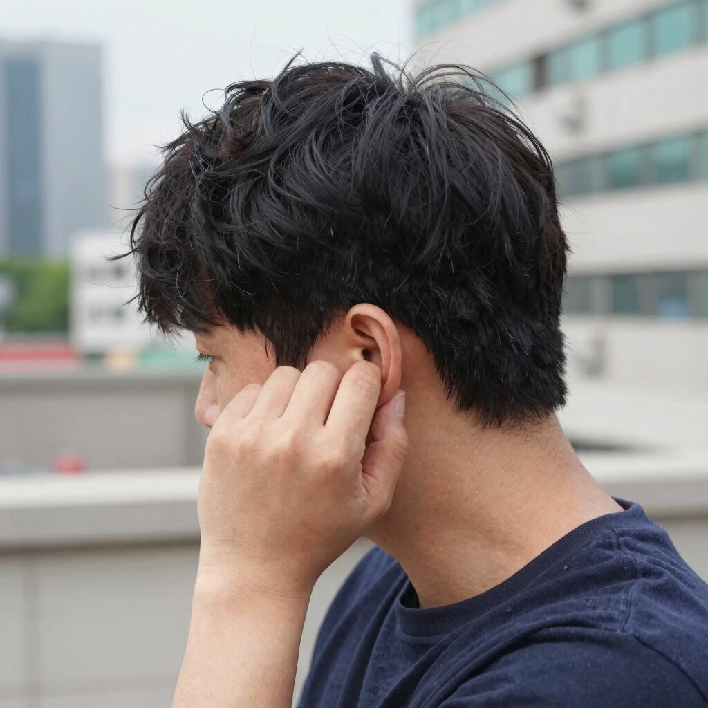 머리를 옆으로 기울이고 손으로 귀를 잡아당겨 물을 빼는 자세