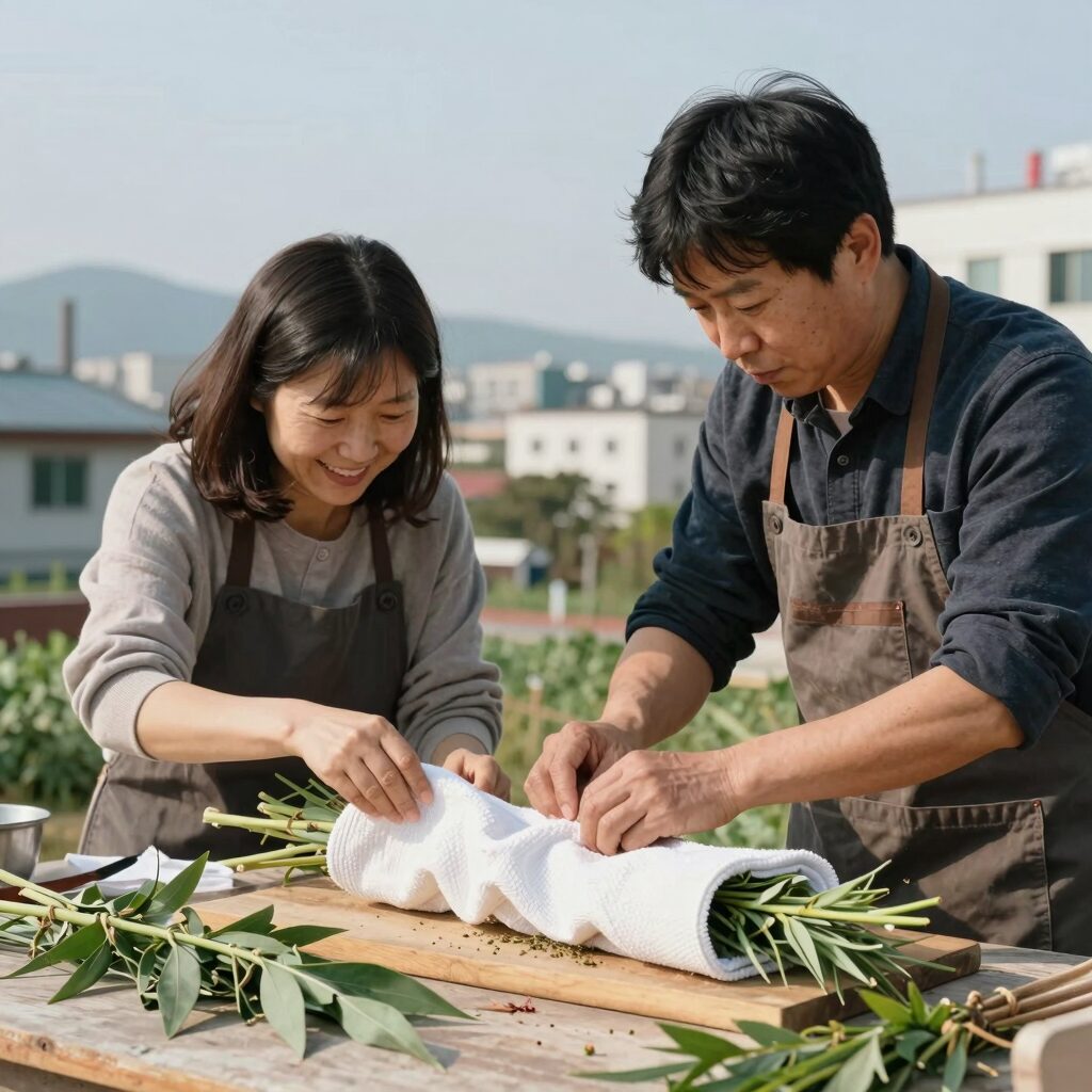 가지 보관법을 위해 키친타월로 가지를 감싸는 모습