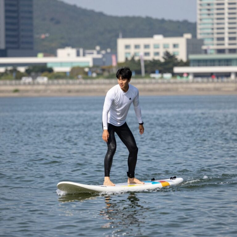 한강 마린랜드에서 전동 서핑보드를 타는 사람의 모습