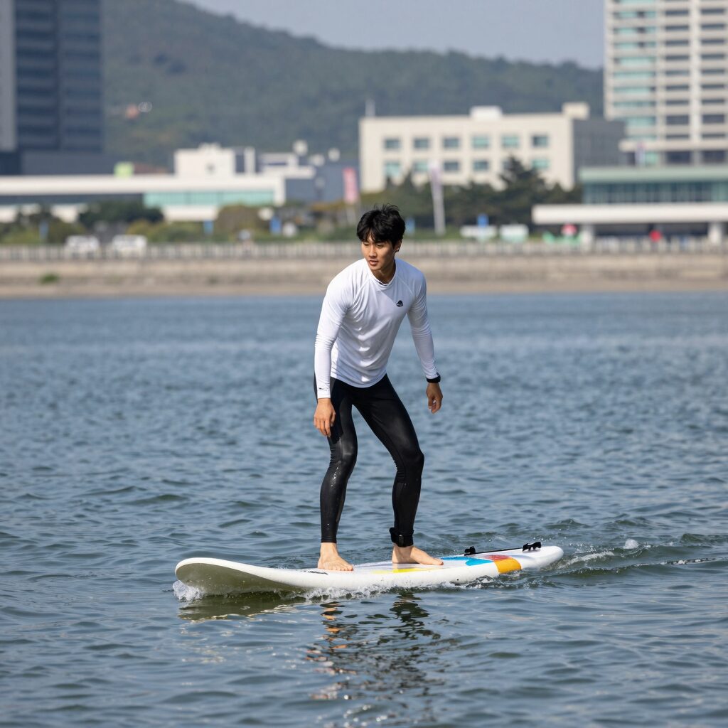 한강 마린랜드에서 전동 서핑보드를 타는 사람의 모습