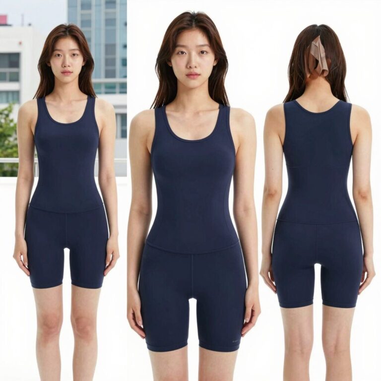 엘르 래쉬가드 여성 네이비 체형커버 세트 착용 모습