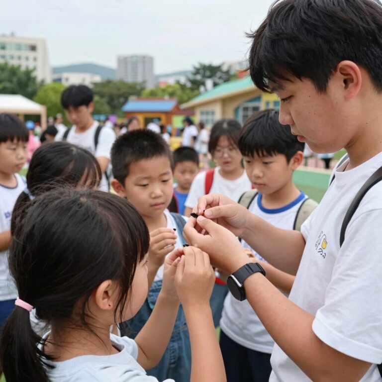에버랜드 반딧불이 체험 로스트밸리 교육장에서 아이들이 반짝이는 반딧불이를 관찰하는 모습