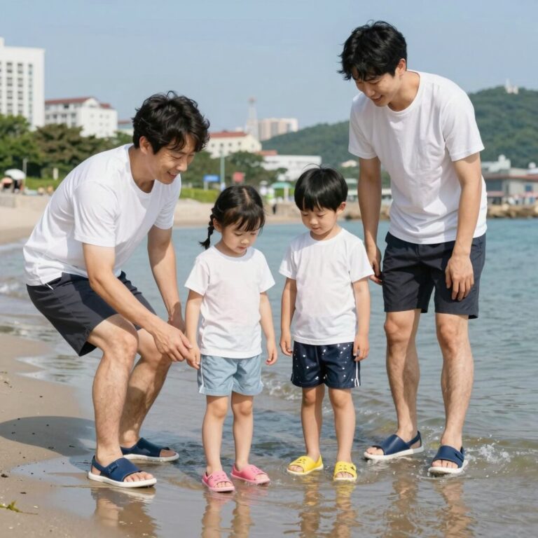 가족이 함께 신은 위크나인 아쿠아슈즈, 물놀이 중 안정적인 착용감