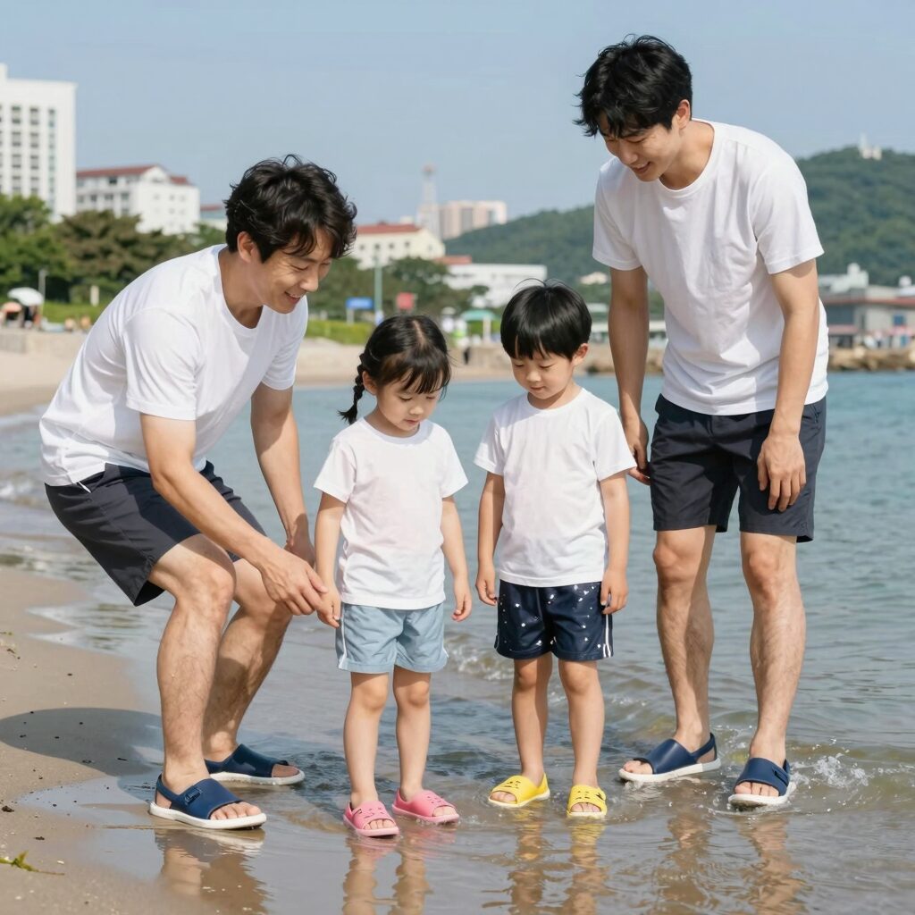 가족이 함께 신은 위크나인 아쿠아슈즈, 물놀이 중 안정적인 착용감