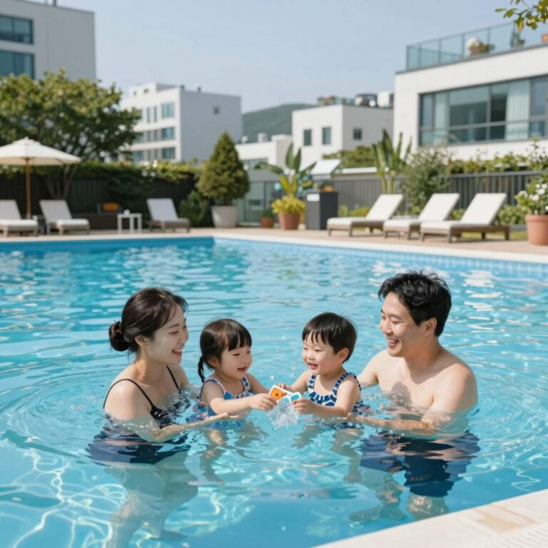 전북 풀빌라 가족들이 프라이빗 수영장에서 즐거워하는 모습