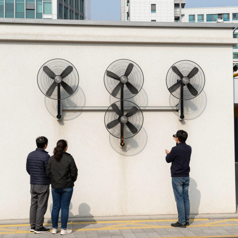 선풍기를 벽면으로 향하게 하여 간접풍을 형성하는 공기 순환 원리 도식