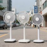 선풍기 가격비교 최고의 선택 선풍기 가격비교를 위해 실제 사용 중인 네 가지 제품들. 왼쪽부터 일레드, 에어메이드, 아이닉, 신일 제품이 나란히 놓여 있다.
