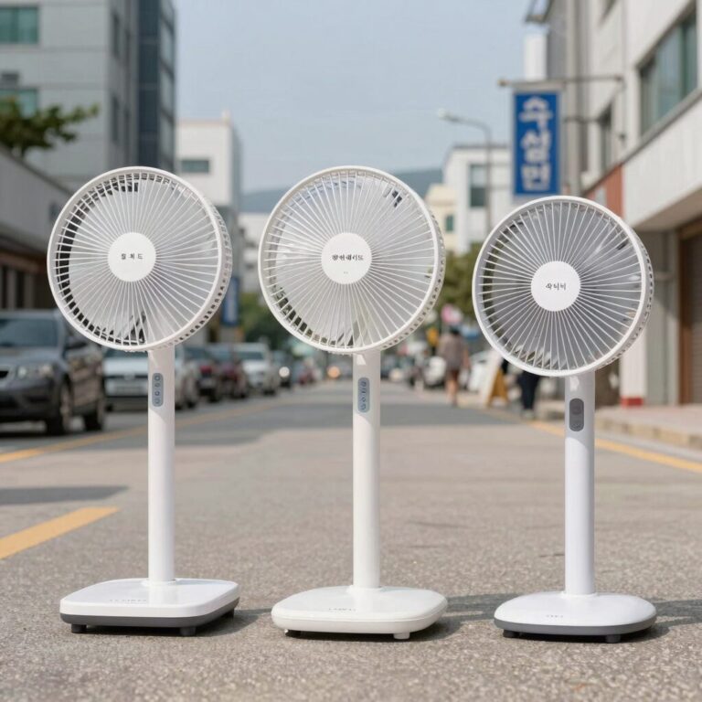 선풍기 가격비교를 위해 실제 사용 중인 네 가지 제품들. 왼쪽부터 일레드, 에어메이드, 아이닉, 신일 제품이 나란히 놓여 있다.