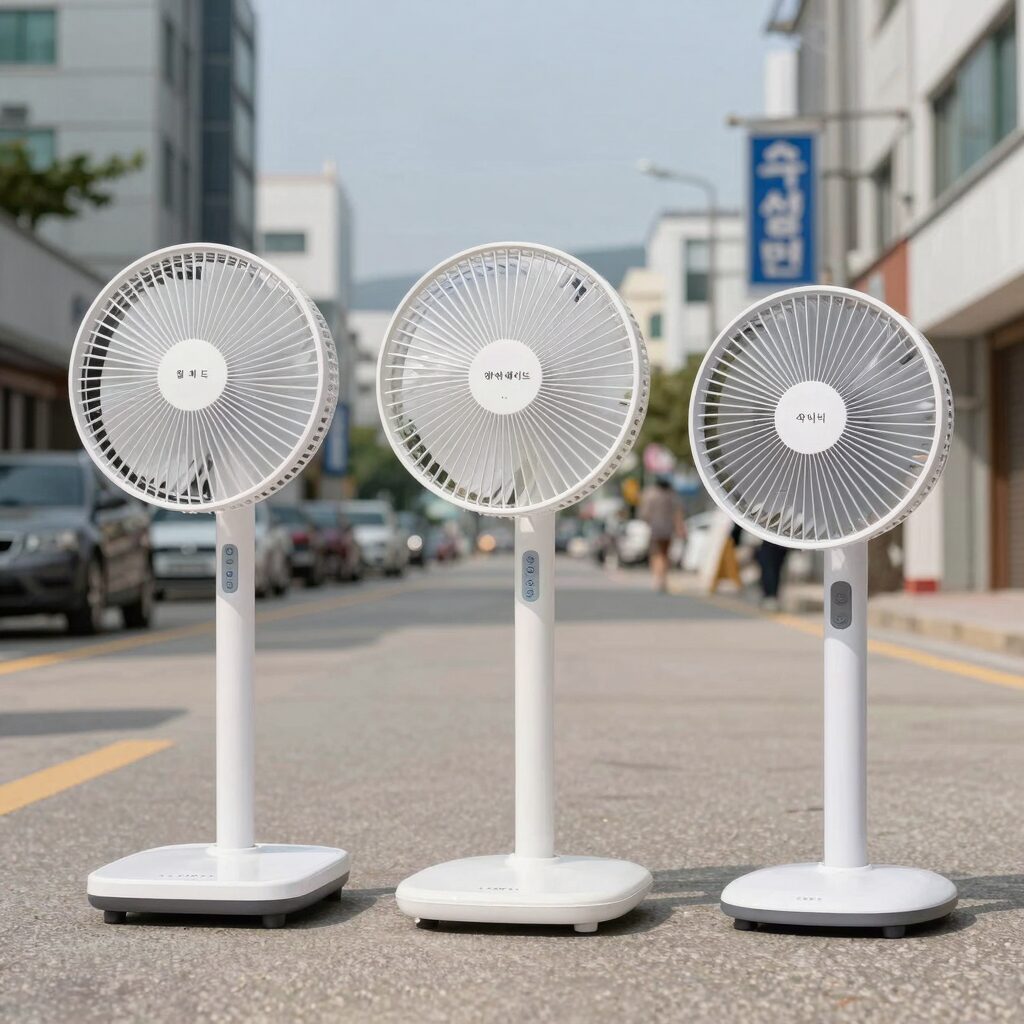 선풍기 가격비교를 위해 실제 사용 중인 네 가지 제품들. 왼쪽부터 일레드, 에어메이드, 아이닉, 신일 제품이 나란히 놓여 있다.